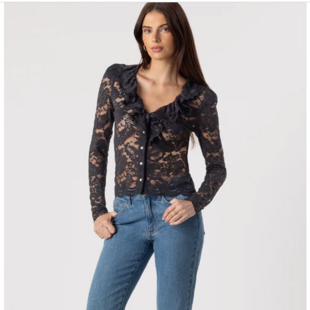 NWT Women Generation Love (Item-303) Black Corsa Lace Puff Sleeve Blouse Top L - Picture 2 of 14
